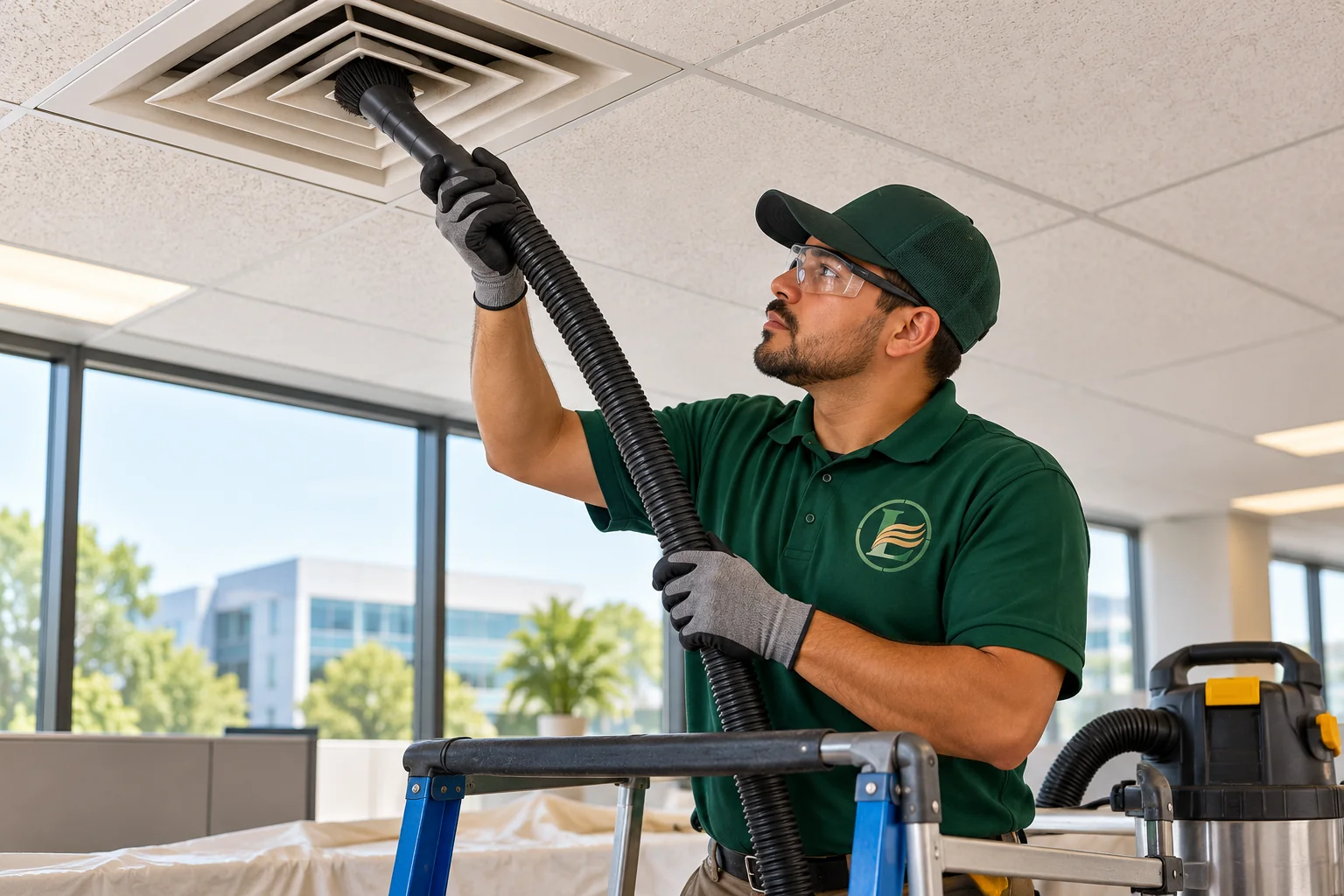 AI generated illustration of a Legacy branded technician in a commercial-duct-cleaning service setting