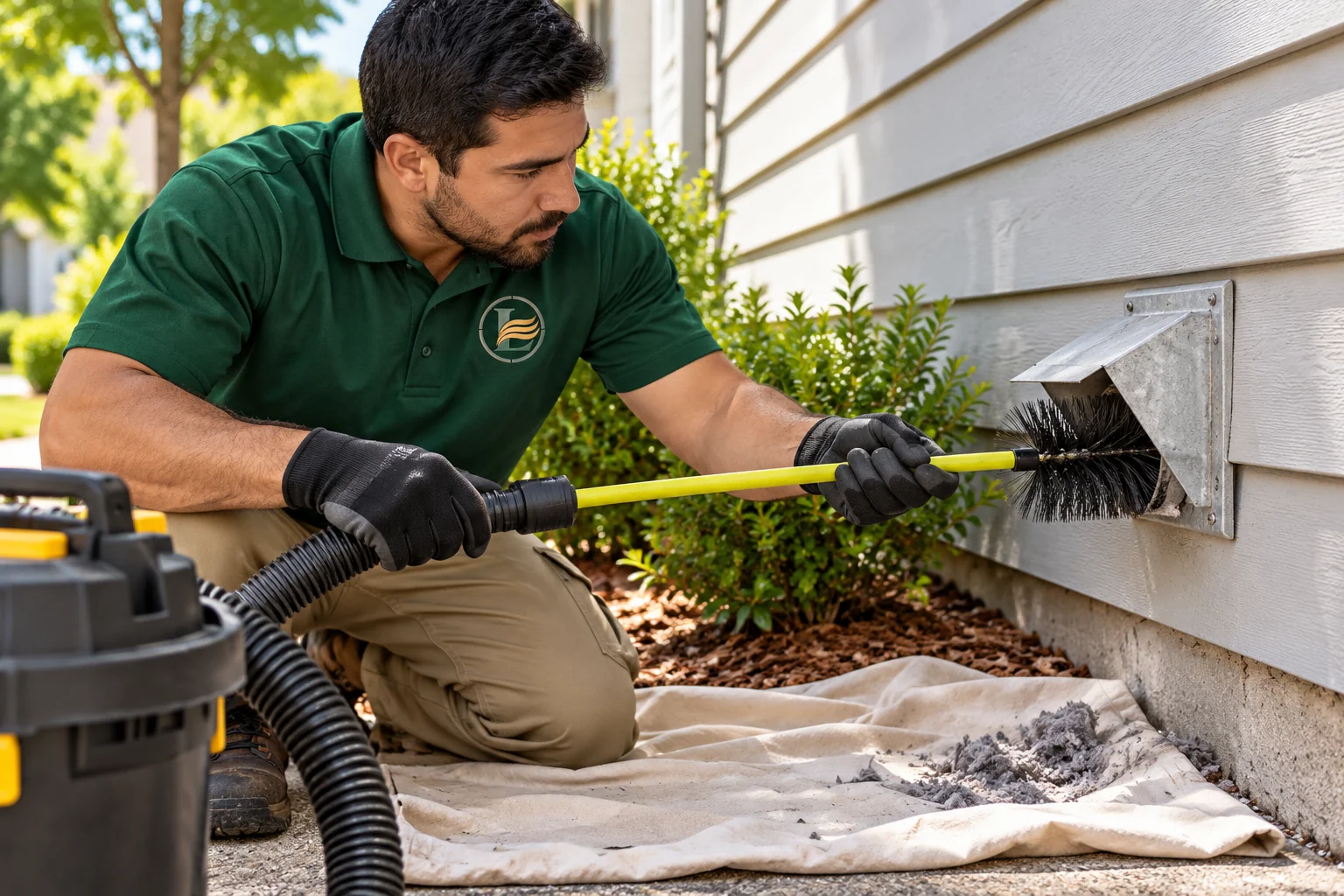 AI generated illustration of a Legacy branded technician in a dryer-vent-cleaning service setting