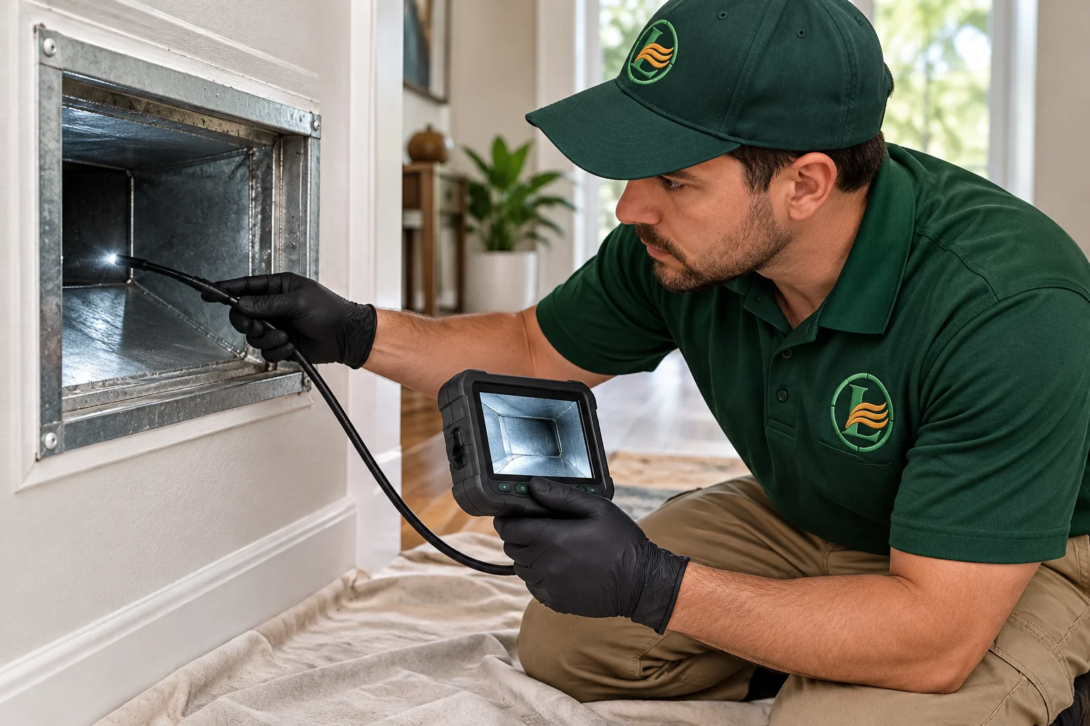 AI generated illustration of a Legacy branded technician in a duct-inspection service setting