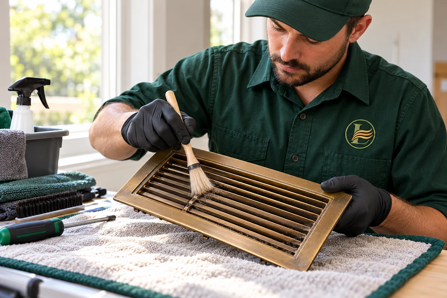 AI generated illustration of a Legacy branded technician in a vent-register-cleaning service setting
